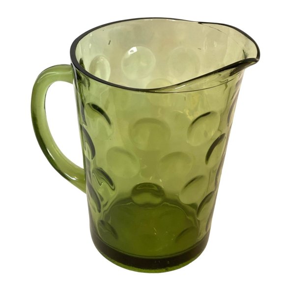 Green Glass Pitcher Vintage 1960's Hazel Atlas Eldorado Dot Pattern 8" x 6" - Picture 3 of 5